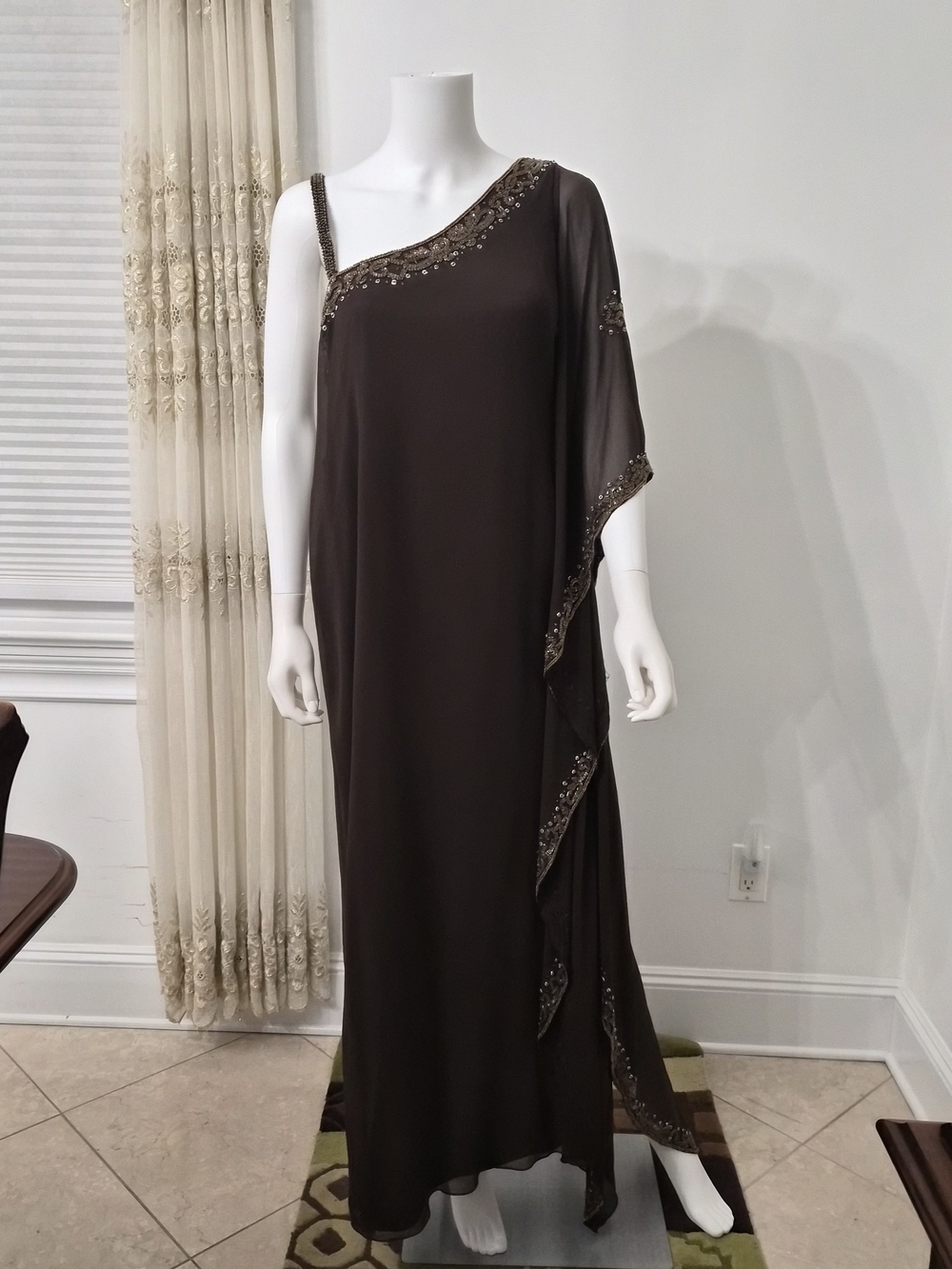 J Kara One-Shoulder Beaded Evening Kaftan Style Dress in Dark Brown NWT